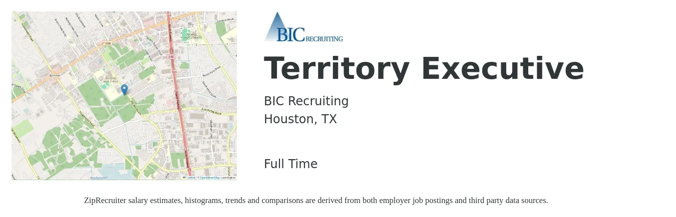 BIC Recruiting job posting for a Territory Executive in Houston, TX with a salary of $64,600 to $88,200 Yearly with a map of Houston location.