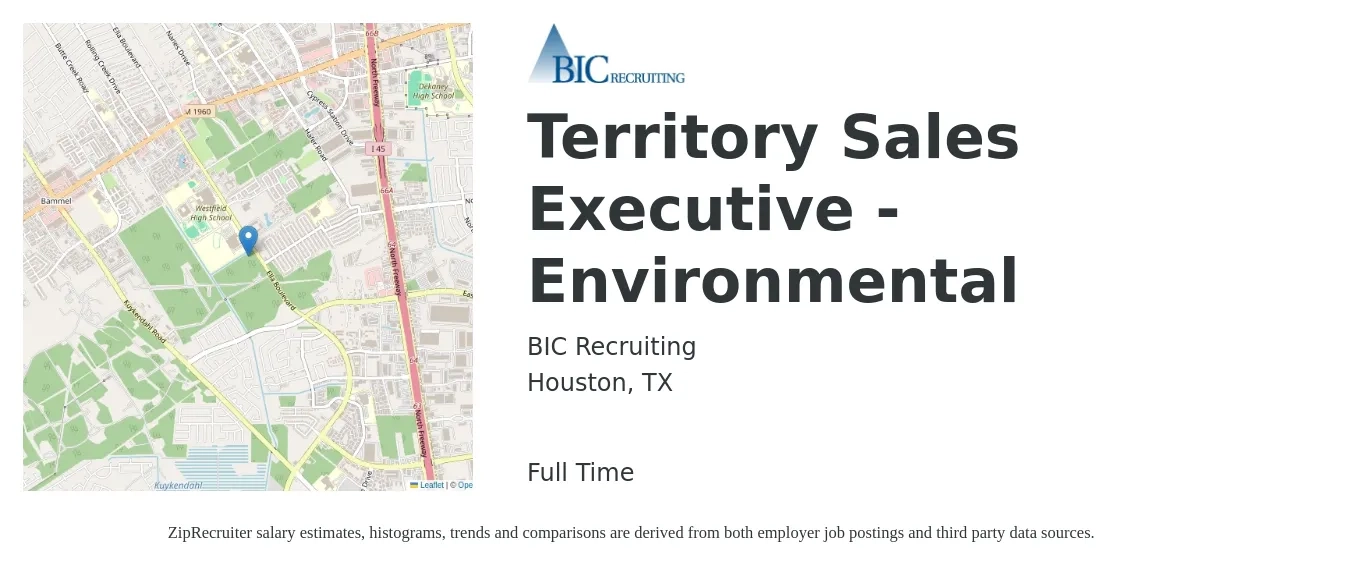BIC Recruiting job posting for a Territory Sales Executive - Environmental in Houston, TX with a salary of $60,900 to $83,100 Yearly with a map of Houston location.