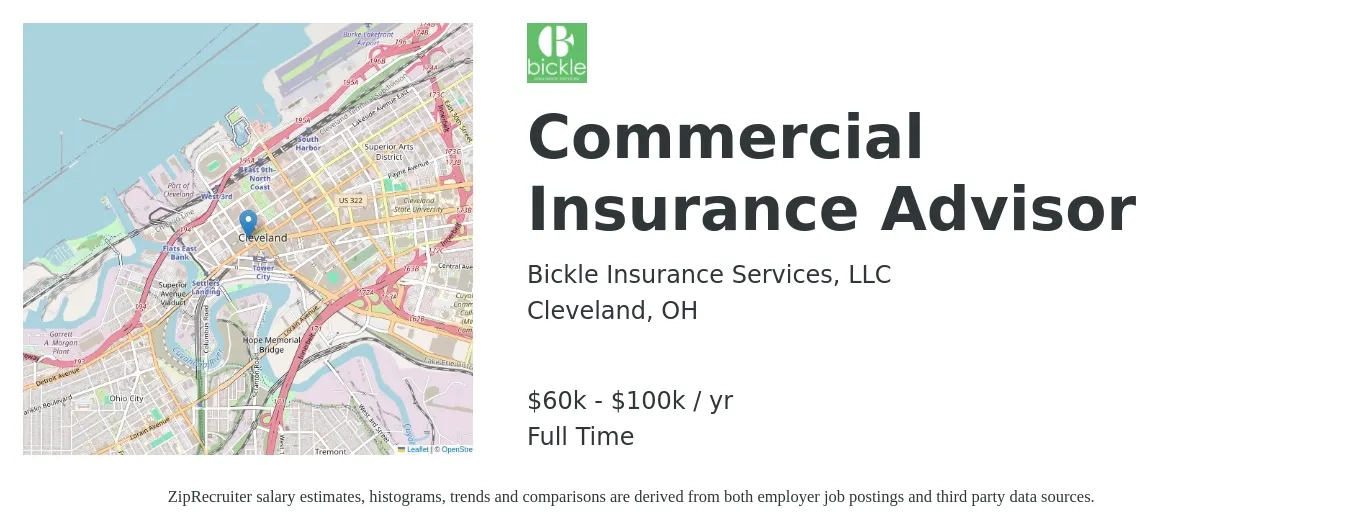 Bickle Insurance Services, LLC job posting for a Commercial Insurance Advisor in Cleveland, OH with a salary of $60,000 to $100,000 Yearly with a map of Cleveland location.