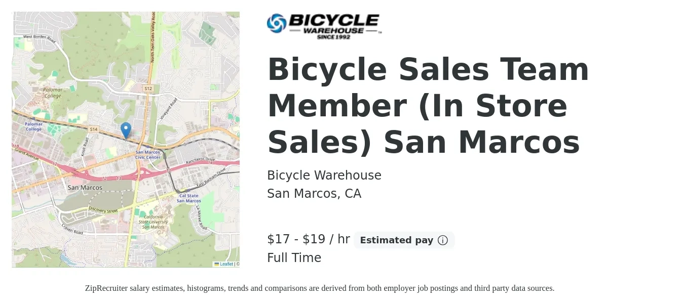 Bicycle Warehouse job posting for a Bicycle Sales Team Member (In Store Sales) San Marcos in San Marcos, CA with a salary of $18 to $20 Hourly with a map of San Marcos location.