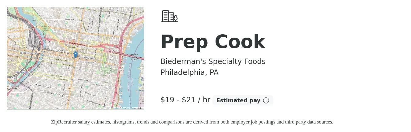 Biederman's Specialty Foods job posting for a Prep Cook in Philadelphia, PA with a salary of $20 to $22 Hourly with a map of Philadelphia location.