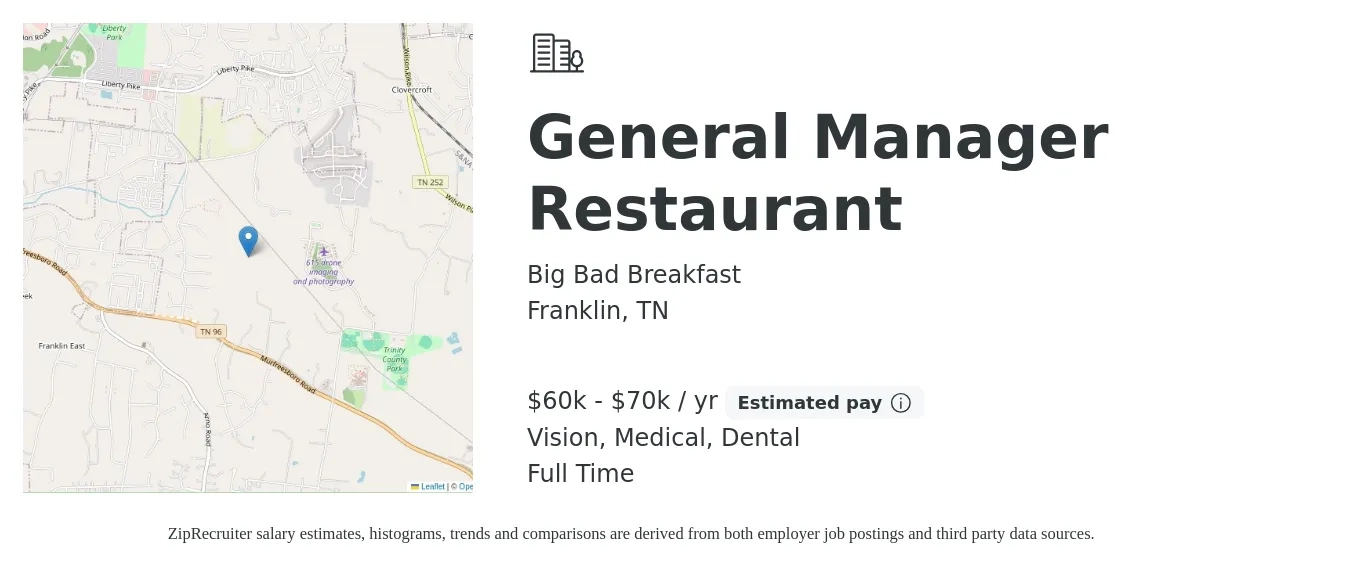 Big Bad Breakfast job posting for a General Manager Restaurant in Franklin, TN with a salary of $60,000 to $70,000 Yearly and benefits including dental, medical, and vision with a map of Franklin location.