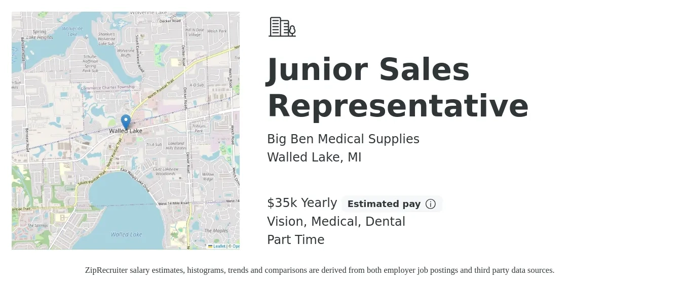 Big Ben Medical Supplies job posting for a Junior Sales Representative in Walled Lake, MI with a salary of $35,000 Yearly (plus commission) and benefits including dental, life_insurance, medical, pto, retirement, and vision with a map of Walled Lake location.
