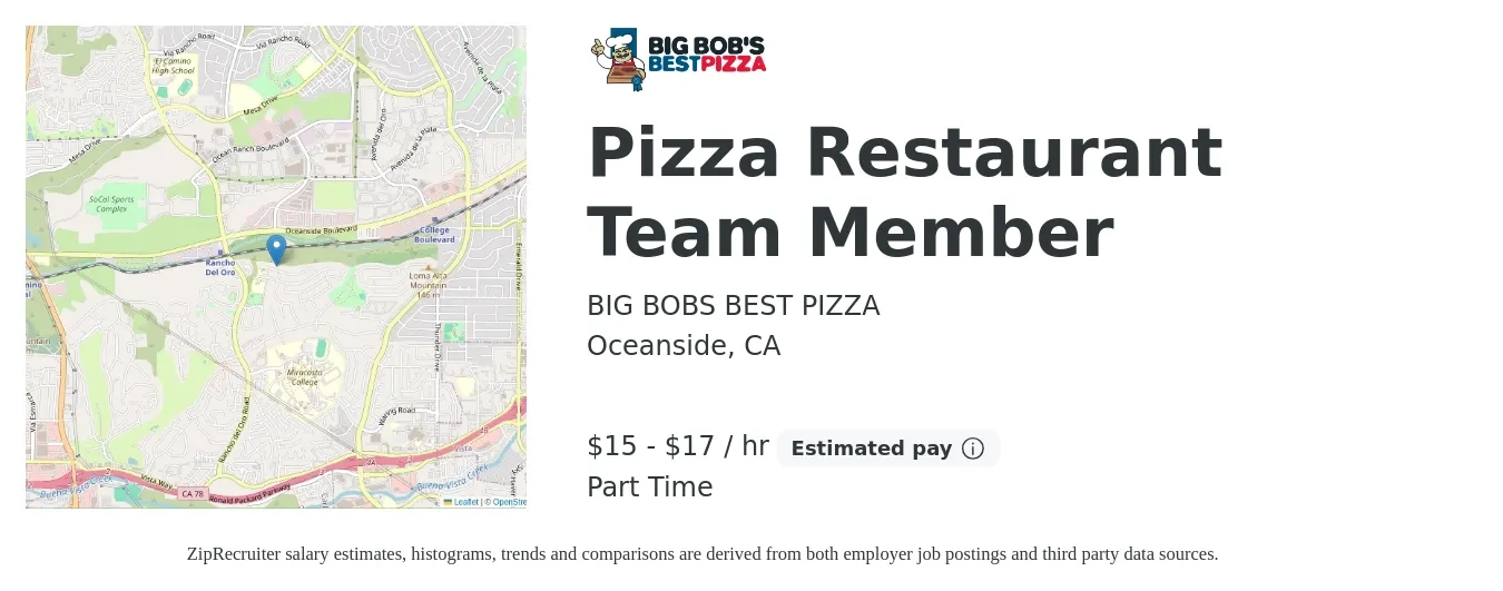 BIG BOBS BEST PIZZA job posting for a Pizza Restaurant Team Member in Oceanside, CA with a salary of $16 to $18 Hourly with a map of Oceanside location.