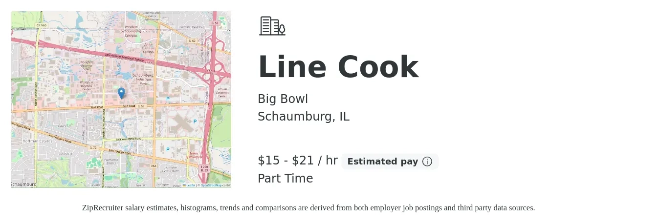 Big Bowl job posting for a Line Cook in Schaumburg, IL with a salary of $16 to $22 Hourly with a map of Schaumburg location.