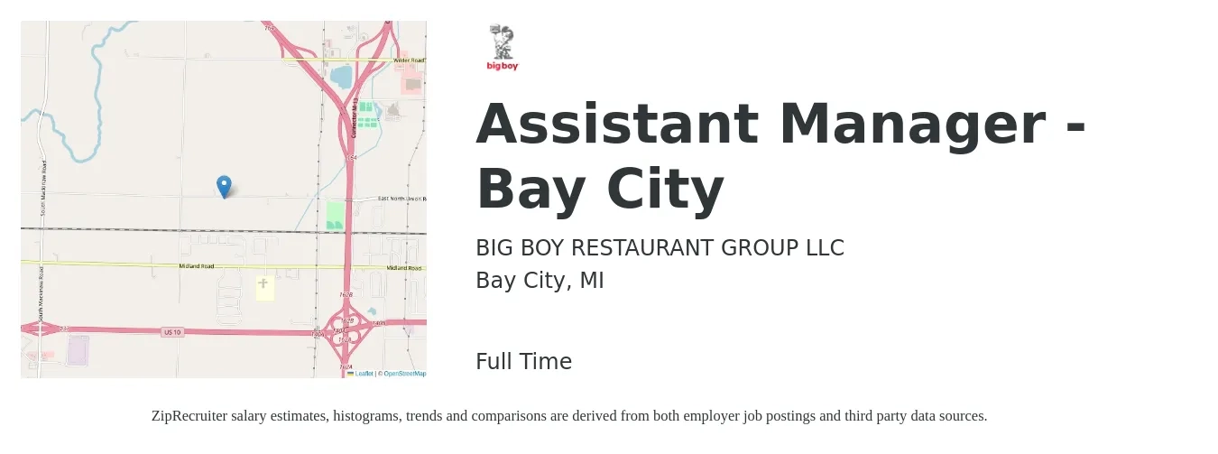 BIG BOY RESTAURANT GROUP LLC job posting for a Assistant Manager - Bay City in Bay City, MI with a salary of $13 to $20 Hourly with a map of Bay City location.