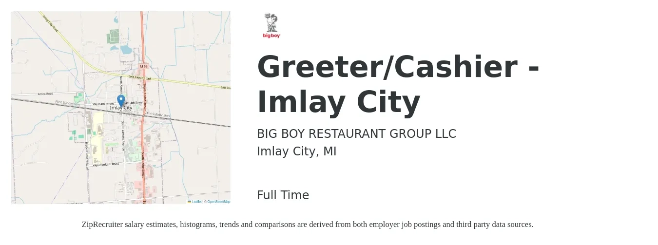 BIG BOY RESTAURANT GROUP LLC job posting for a Greeter/Cashier - Imlay City in Imlay City, MI with a salary of $12 to $14 Hourly with a map of Imlay City location.