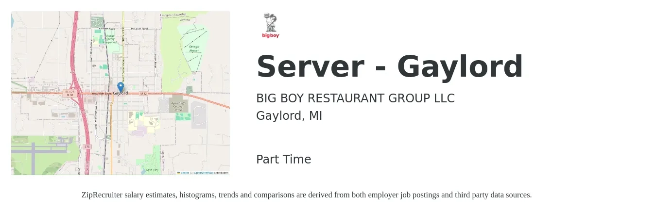 BIG BOY RESTAURANT GROUP LLC job posting for a Server - Gaylord in Gaylord, MI with a salary of $10 to $16 Hourly with a map of Gaylord location.