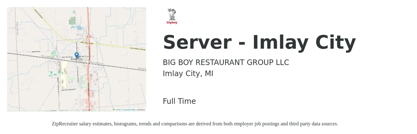 BIG BOY RESTAURANT GROUP LLC job posting for a Server - Imlay City in Imlay City, MI with a salary of $10 to $16 Hourly with a map of Imlay City location.