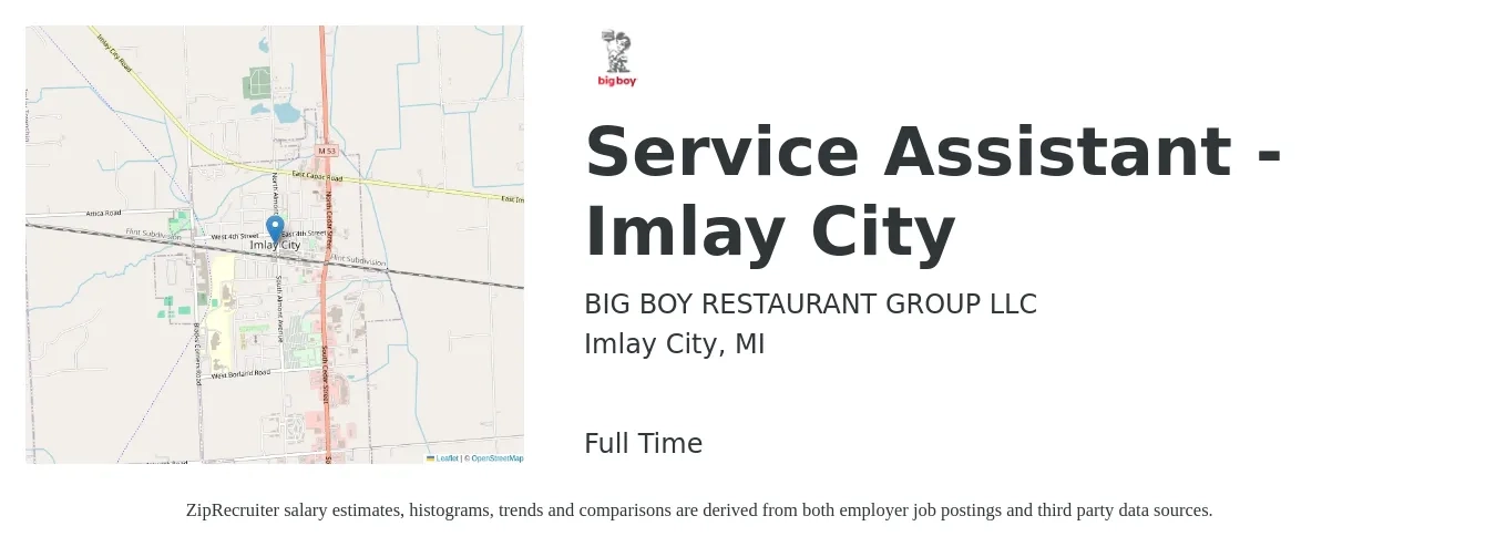 BIG BOY RESTAURANT GROUP LLC job posting for a Service Assistant - Imlay City in Imlay City, MI with a salary of $13 to $18 Hourly with a map of Imlay City location.