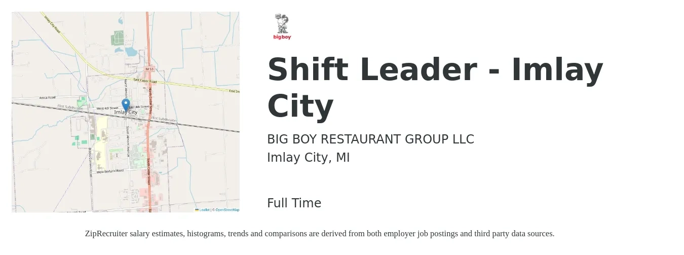 BIG BOY RESTAURANT GROUP LLC job posting for a Shift Leader - Imlay City in Imlay City, MI with a salary of $12 to $15 Hourly with a map of Imlay City location.