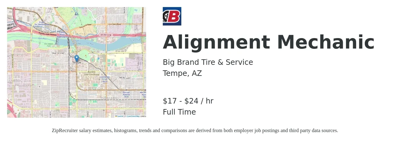 Big Brand Tire & Service job posting for a Alignment Mechanic in Tempe, AZ with a salary of $18 to $25 Hourly with a map of Tempe location.