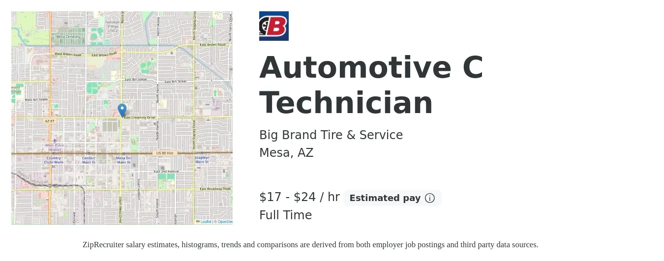 Big Brand Tire & Service job posting for a Automotive C Technician in Mesa, AZ with a salary of $18 to $25 Hourly with a map of Mesa location.