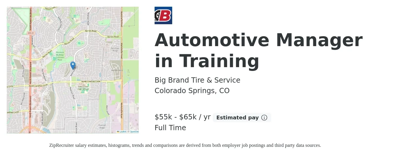 Big Brand Tire & Service job posting for a Automotive Manager in Training in Colorado Springs, CO with a salary of $55,000 to $65,000 Yearly with a map of Colorado Springs location.