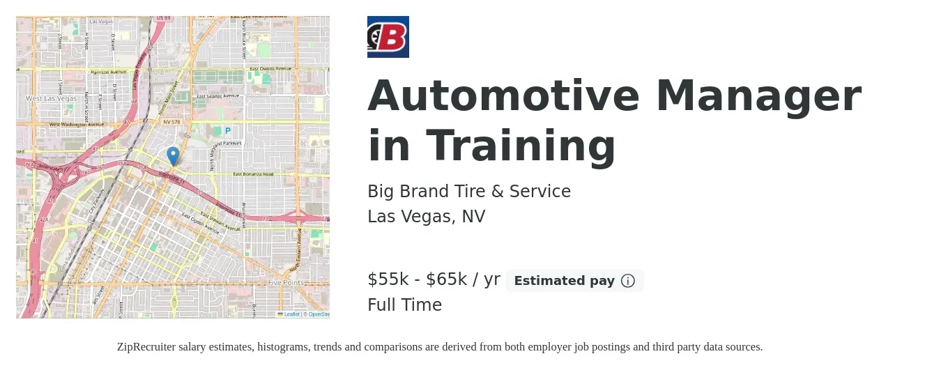 Big Brand Tire & Service job posting for a Automotive Manager in Training in Las Vegas, NV with a salary of $55,000 to $65,000 Yearly with a map of Las Vegas location.