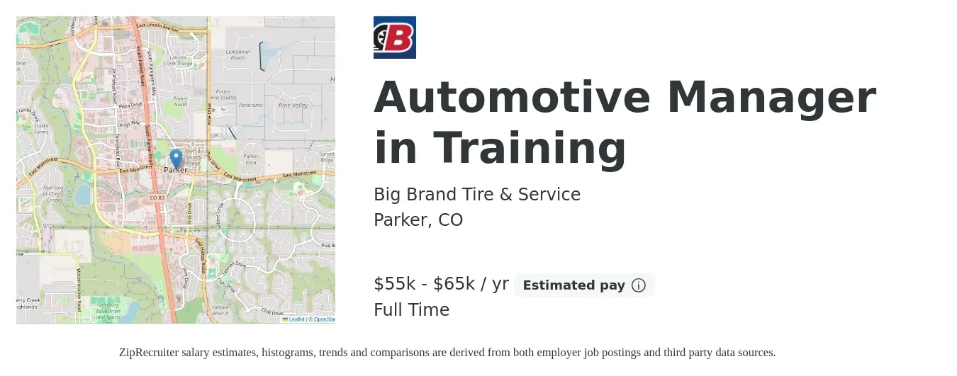 Big Brand Tire & Service job posting for a Automotive Manager in Training in Parker, CO with a salary of $55,000 to $65,000 Yearly with a map of Parker location.