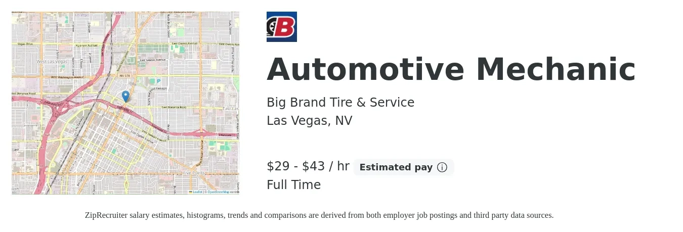 Big Brand Tire & Service job posting for a Automotive Mechanic in Las Vegas, NV with a salary of $31 to $45 Hourly with a map of Las Vegas location.