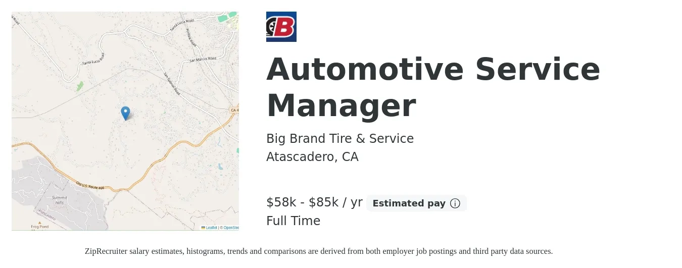 Big Brand Tire & Service job posting for a Automotive Service Manager in Atascadero, CA with a salary of $58,000 to $85,000 Yearly with a map of Atascadero location.