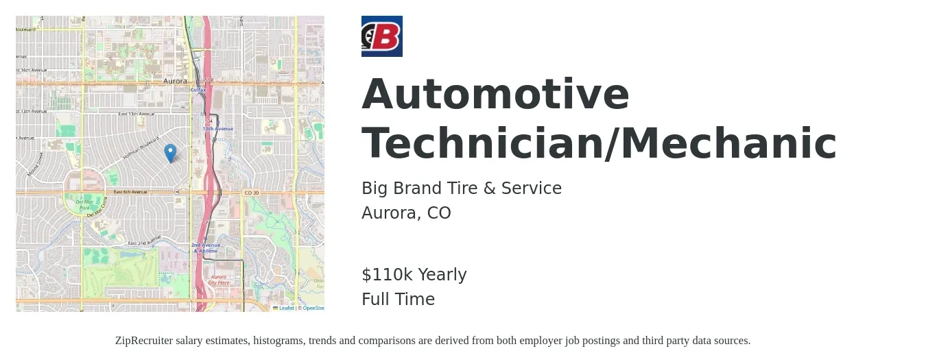 Big Brand Tire & Service job posting for a Automotive Technician/Mechanic in Aurora, CO with a salary of $31 to $45 Hourly with a map of Aurora location.