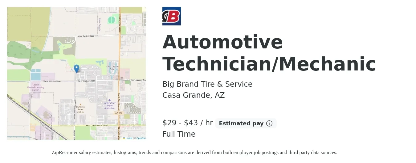 Big Brand Tire & Service job posting for a Automotive Technician/Mechanic in Casa Grande, AZ with a salary of $31 to $45 Hourly with a map of Casa Grande location.
