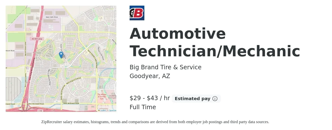 Big Brand Tire & Service job posting for a Automotive Technician/Mechanic in Goodyear, AZ with a salary of $31 to $45 Hourly with a map of Goodyear location.
