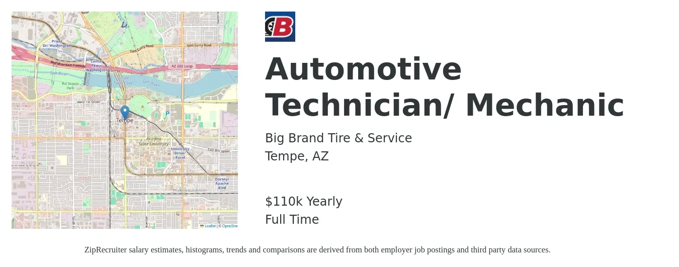 Big Brand Tire & Service job posting for a Automotive Technician/ Mechanic in Tempe, AZ with a salary of $31 to $45 Hourly with a map of Tempe location.