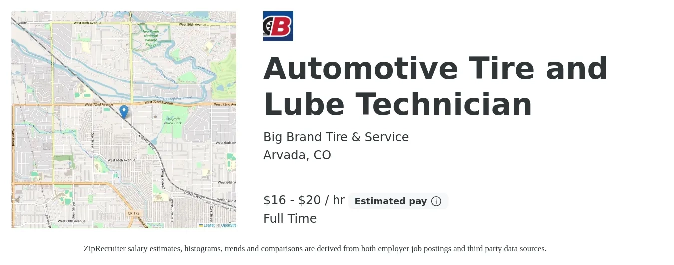 Big Brand Tire & Service job posting for a Automotive Tire and Lube Technician in Arvada, CO with a salary of $18 to $21 Hourly with a map of Arvada location.