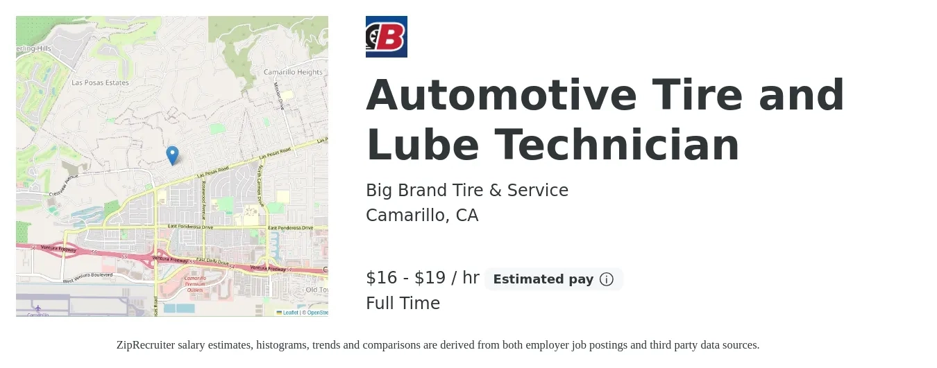 Big Brand Tire & Service job posting for a Automotive Tire and Lube Technician in Camarillo, CA with a salary of $18 to $20 Hourly with a map of Camarillo location.