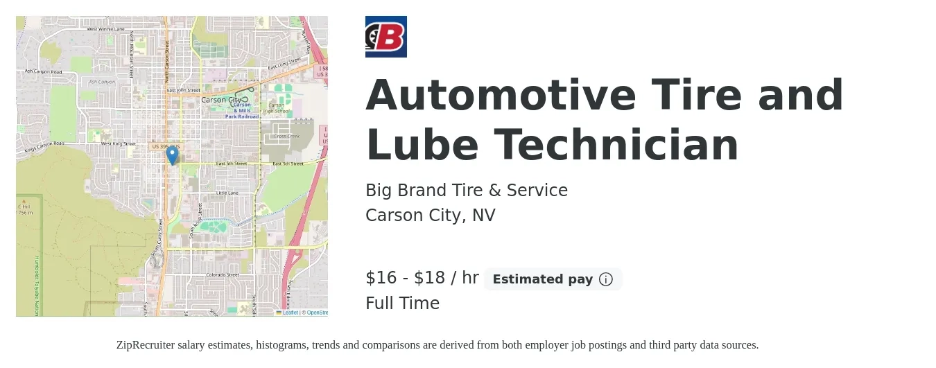 Big Brand Tire & Service job posting for a Automotive Tire and Lube Technician in Carson City, NV with a salary of $18 to $20 Hourly with a map of Carson City location.