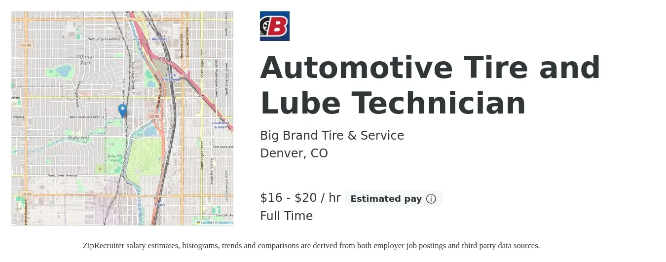 Big Brand Tire & Service job posting for a Automotive Tire and Lube Technician in Denver, CO with a salary of $18 to $21 Hourly with a map of Denver location.