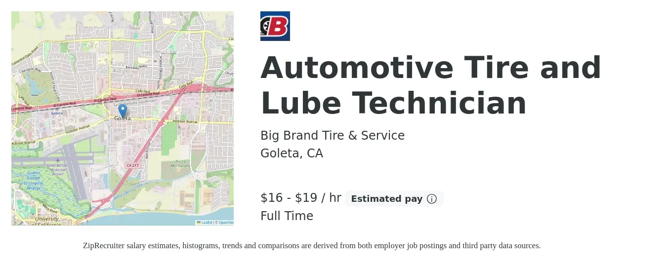 Big Brand Tire & Service job posting for a Automotive Tire and Lube Technician in Goleta, CA with a salary of $18 to $20 Hourly with a map of Goleta location.