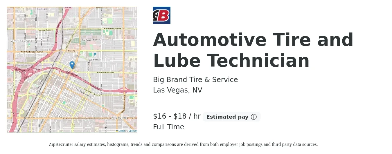 Big Brand Tire & Service job posting for a Automotive Tire and Lube Technician in Las Vegas, NV with a salary of $18 to $20 Hourly with a map of Las Vegas location.