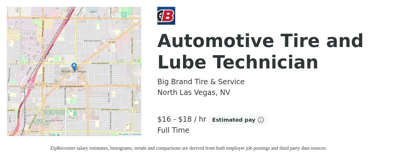 Big Brand Tire & Service job posting for a Automotive Tire and Lube Technician in North Las Vegas, NV with a salary of $18 to $20 Hourly with a map of North Las Vegas location.