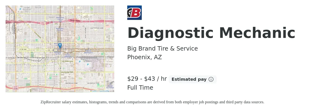 Big Brand Tire & Service job posting for a Diagnostic Mechanic in Phoenix, AZ with a salary of $31 to $45 Hourly with a map of Phoenix location.