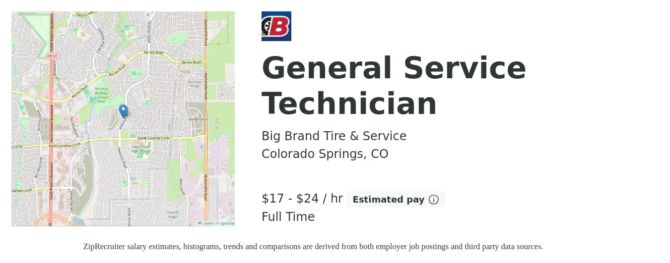 Big Brand Tire & Service job posting for a General Service Technician in Colorado Springs, CO with a salary of $18 to $25 Hourly with a map of Colorado Springs location.