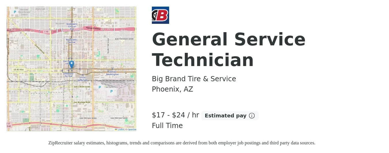 Big Brand Tire & Service job posting for a General Service Technician in Phoenix, AZ with a salary of $18 to $25 Hourly with a map of Phoenix location.