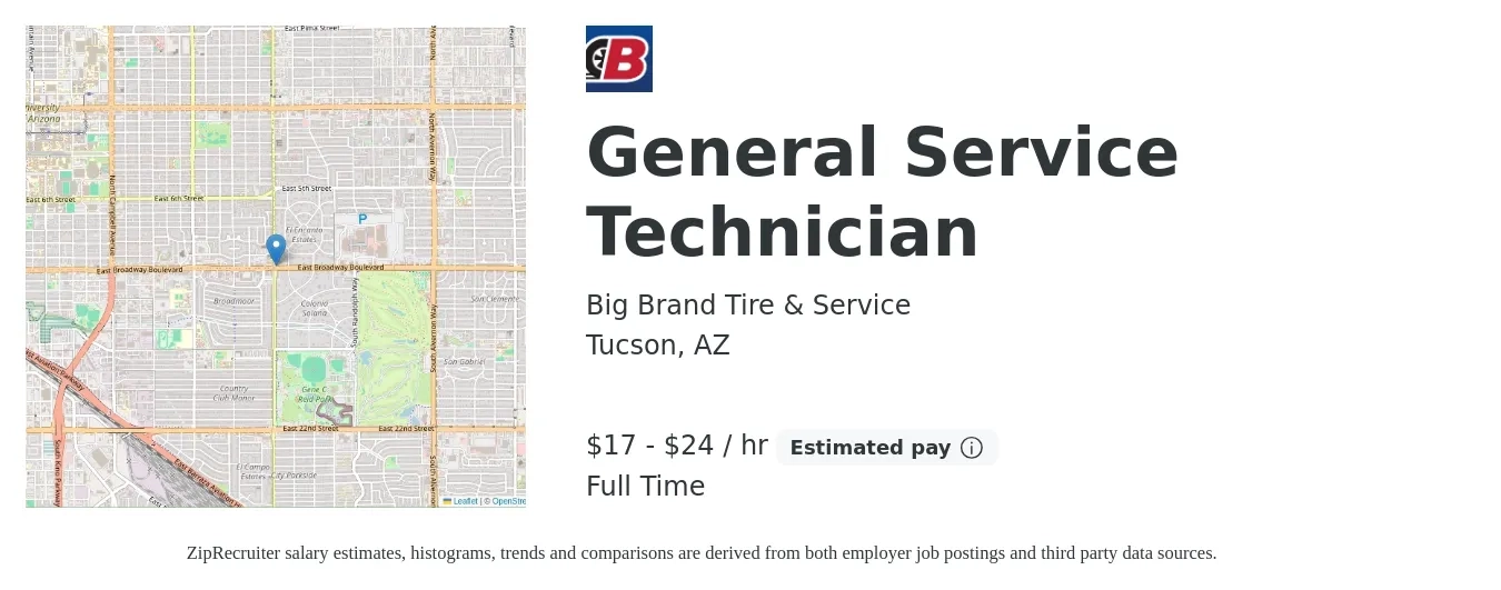 Big Brand Tire & Service job posting for a General Service Technician in Tucson, AZ with a salary of $18 to $25 Hourly with a map of Tucson location.