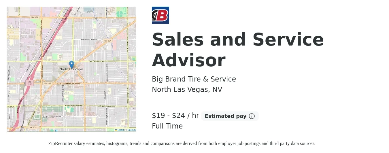 Big Brand Tire & Service job posting for a Sales and Service Advisor in North Las Vegas, NV with a salary of $20 to $25 Hourly with a map of North Las Vegas location.