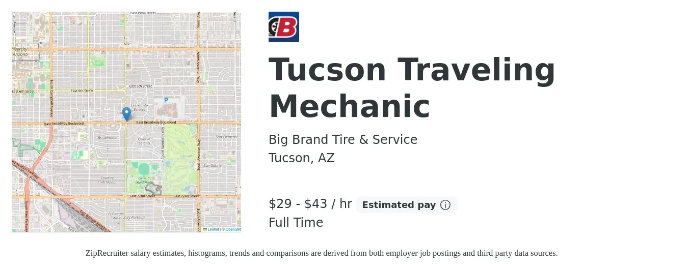 Big Brand Tire & Service job posting for a Tucson Traveling Mechanic in Tucson, AZ with a salary of $31 to $45 Hourly with a map of Tucson location.