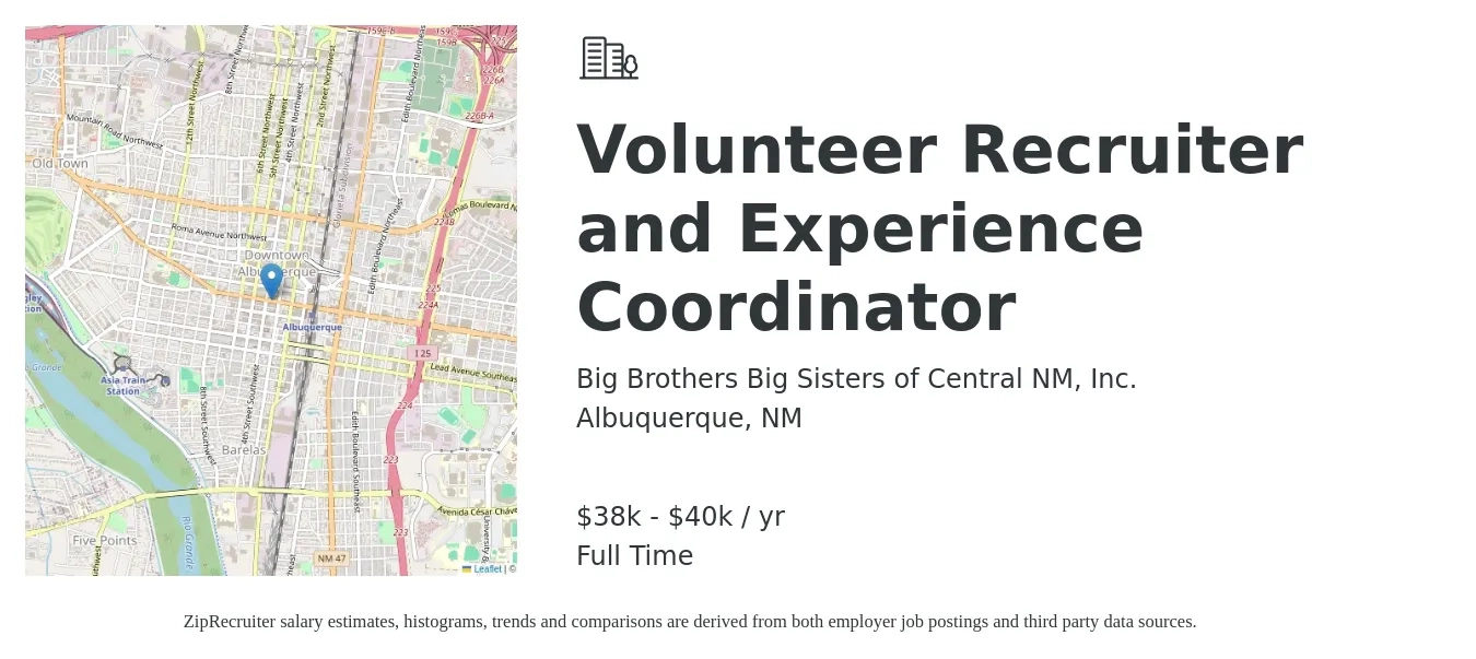 Big Brothers Big Sisters of Central NM, Inc. job posting for a Volunteer Recruiter and Experience Coordinator in Albuquerque, NM with a salary of $38,000 to $40,000 Yearly with a map of Albuquerque location.