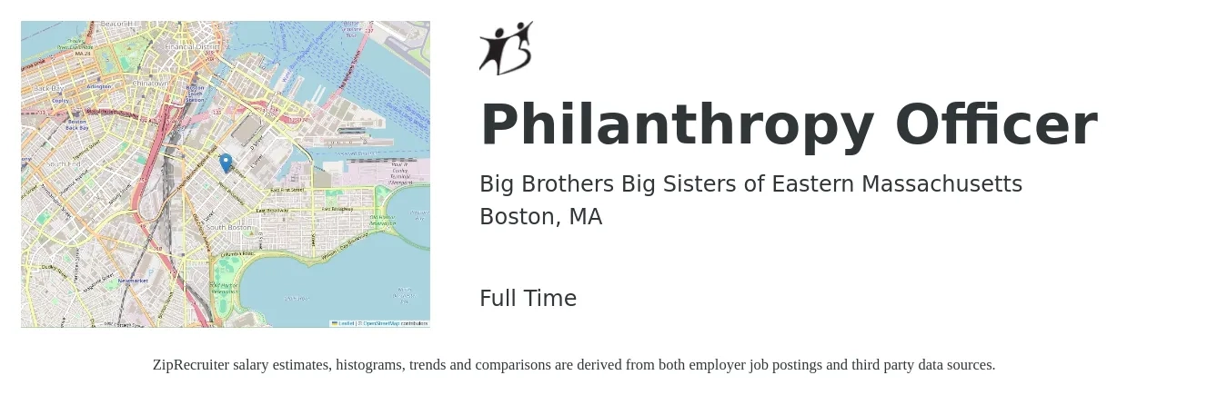 Big Brothers Big Sisters of Eastern Massachusetts job posting for a Philanthropy Officer in Boston, MA with a salary of $77,400 to $143,000 Yearly with a map of Boston location.