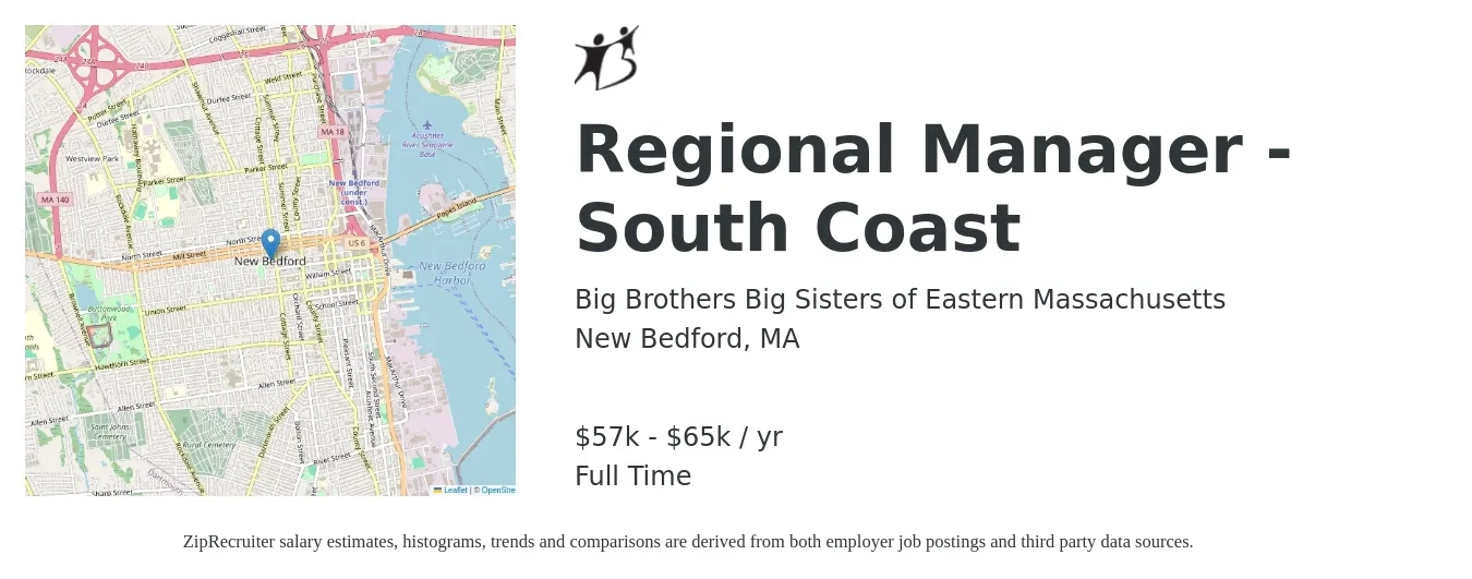 Big Brothers Big Sisters of Eastern Massachusetts job posting for a Regional Manager - South Coast in New Bedford, MA with a salary of $57,000 to $68,000 Yearly with a map of New Bedford location.