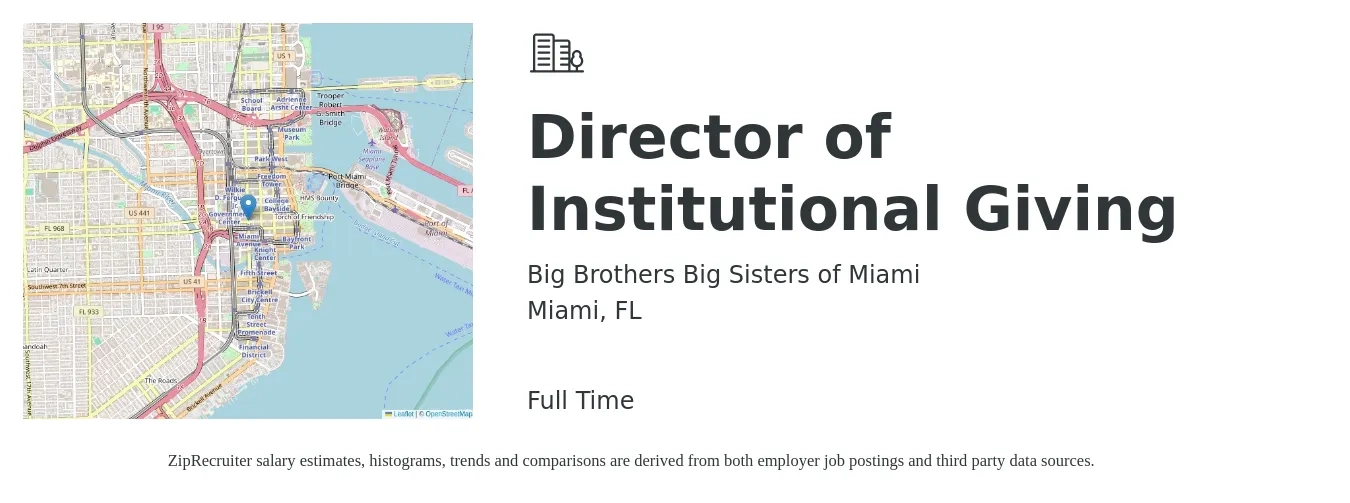 Big Brothers Big Sisters of Miami job posting for a Director of Institutional Giving in Miami, FL with a salary of $85 Hourly with a map of Miami location.