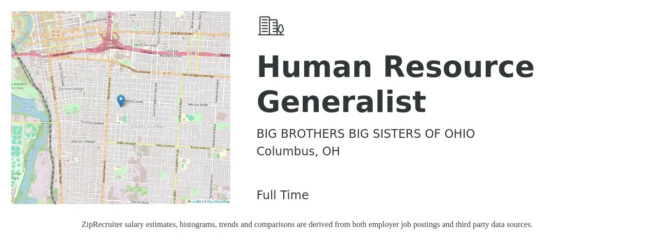 BIG BROTHERS BIG SISTERS OF OHIO job posting for a Human Resource Generalist in Columbus, OH with a salary of $50,200 to $71,500 Yearly with a map of Columbus location.