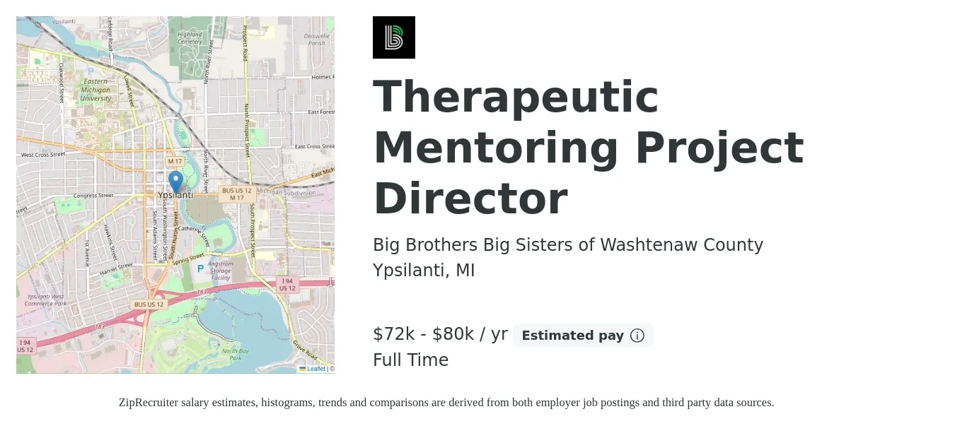 Big Brothers Big Sisters of Washtenaw County job posting for a Therapeutic Mentoring Project Director in Ypsilanti, MI with a salary of $72,000 to $80,000 Yearly with a map of Ypsilanti location.