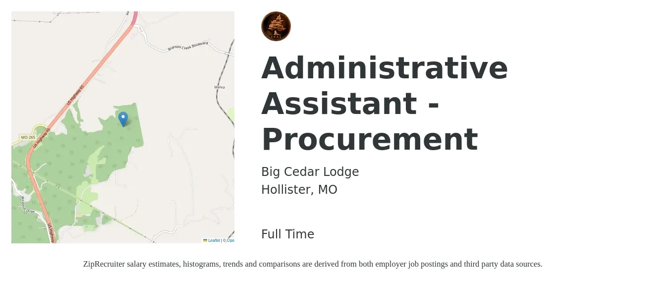 Big Cedar Lodge job posting for a Administrative Assistant - Procurement in Hollister, MO with a salary of $41,300 to $61,700 Yearly with a map of Hollister location.