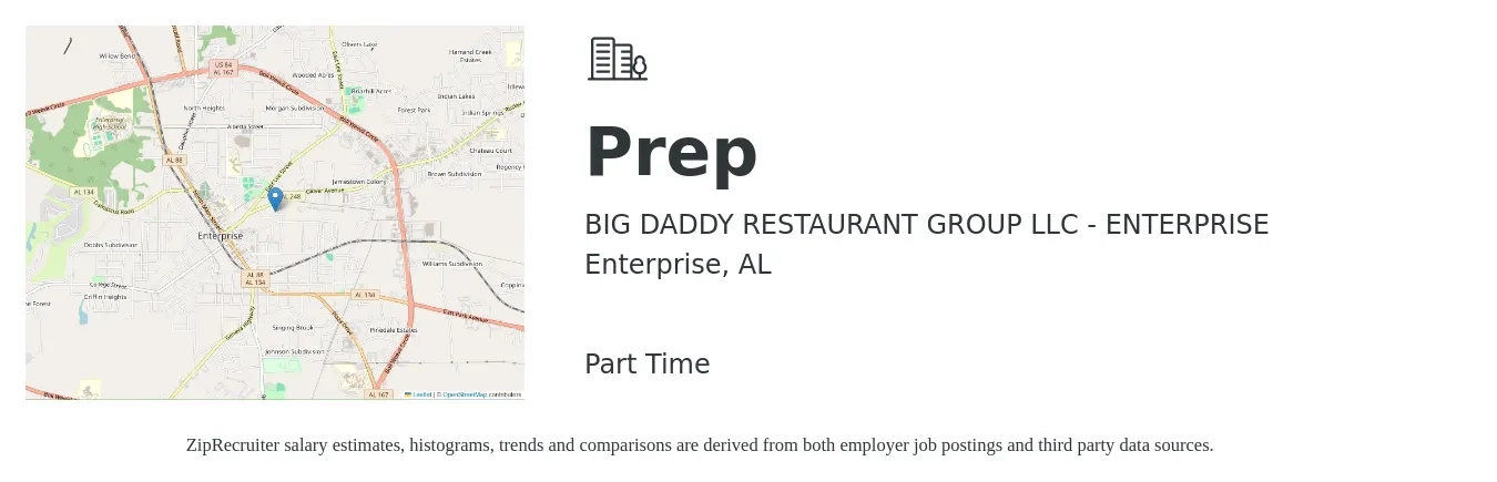 BIG DADDY RESTAURANT GROUP LLC - ENTERPRISE job posting for a Prep in Enterprise, AL with a salary of $11 to $14 Hourly with a map of Enterprise location.