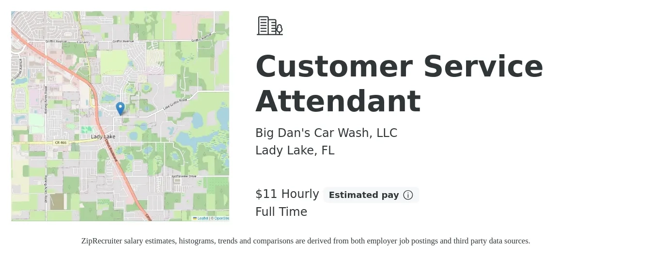 Big Dan's Car Wash, LLC job posting for a Customer Service Attendant in Lady Lake, FL with a salary of $12 Hourly with a map of Lady Lake location.