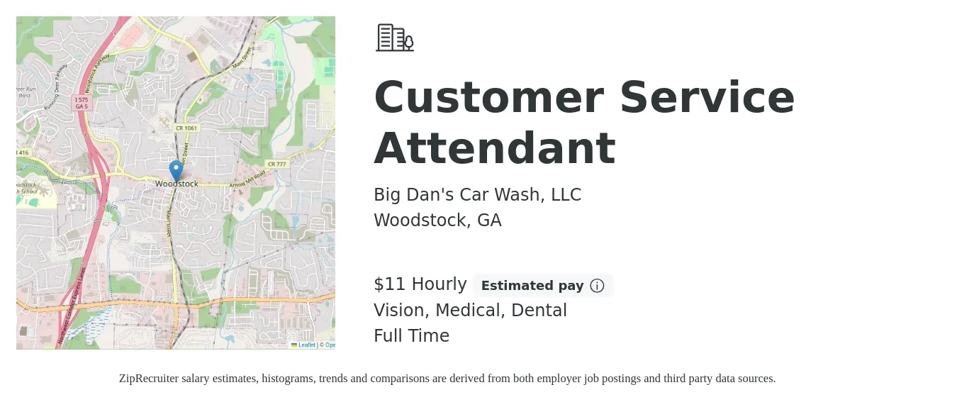 Big Dan's Car Wash, LLC job posting for a Customer Service Attendant in Woodstock, GA with a salary of $12 Hourly and benefits including dental, life_insurance, medical, retirement, and vision with a map of Woodstock location.