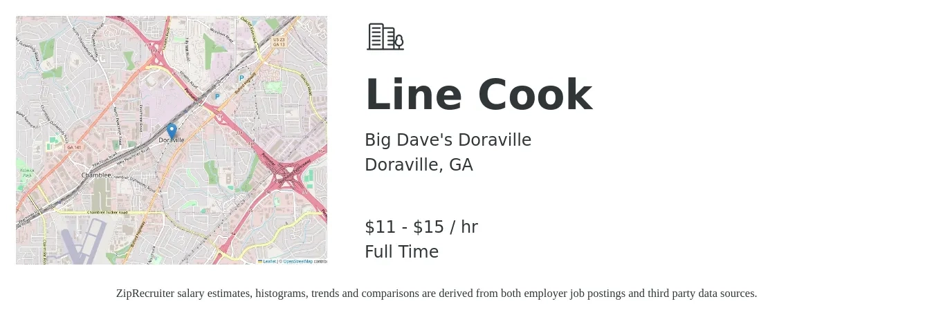Big Dave's Doraville job posting for a Line Cook in Doraville, GA with a salary of $12 to $16 Hourly with a map of Doraville location.